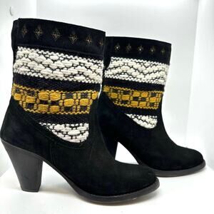 COBRA SOCIETY Canon Black Embroidered White Yellow Wool Shaft Ankle Boots sz 37